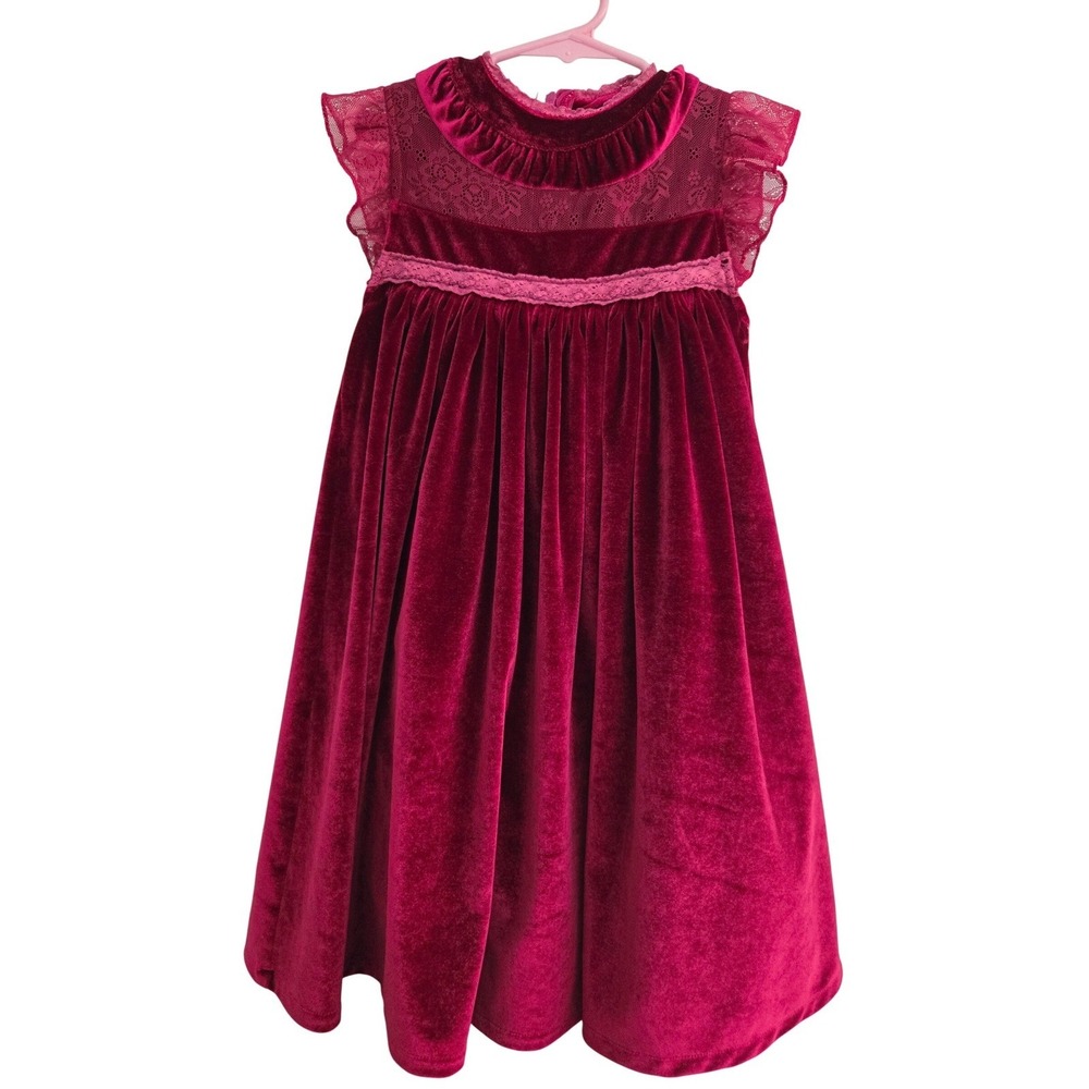 Just Couture Girls Velvet Lace Dress Raspberry Flutter Sleeve Holiday Party‎ 3T